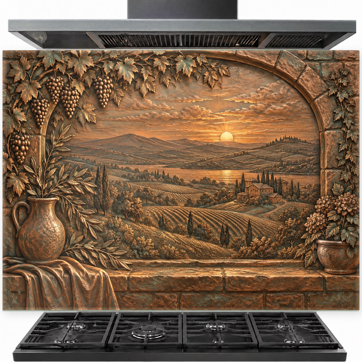 Tuscan Archway tempered glass backsplash installed behind a modern gas stove in a rustic kitchen