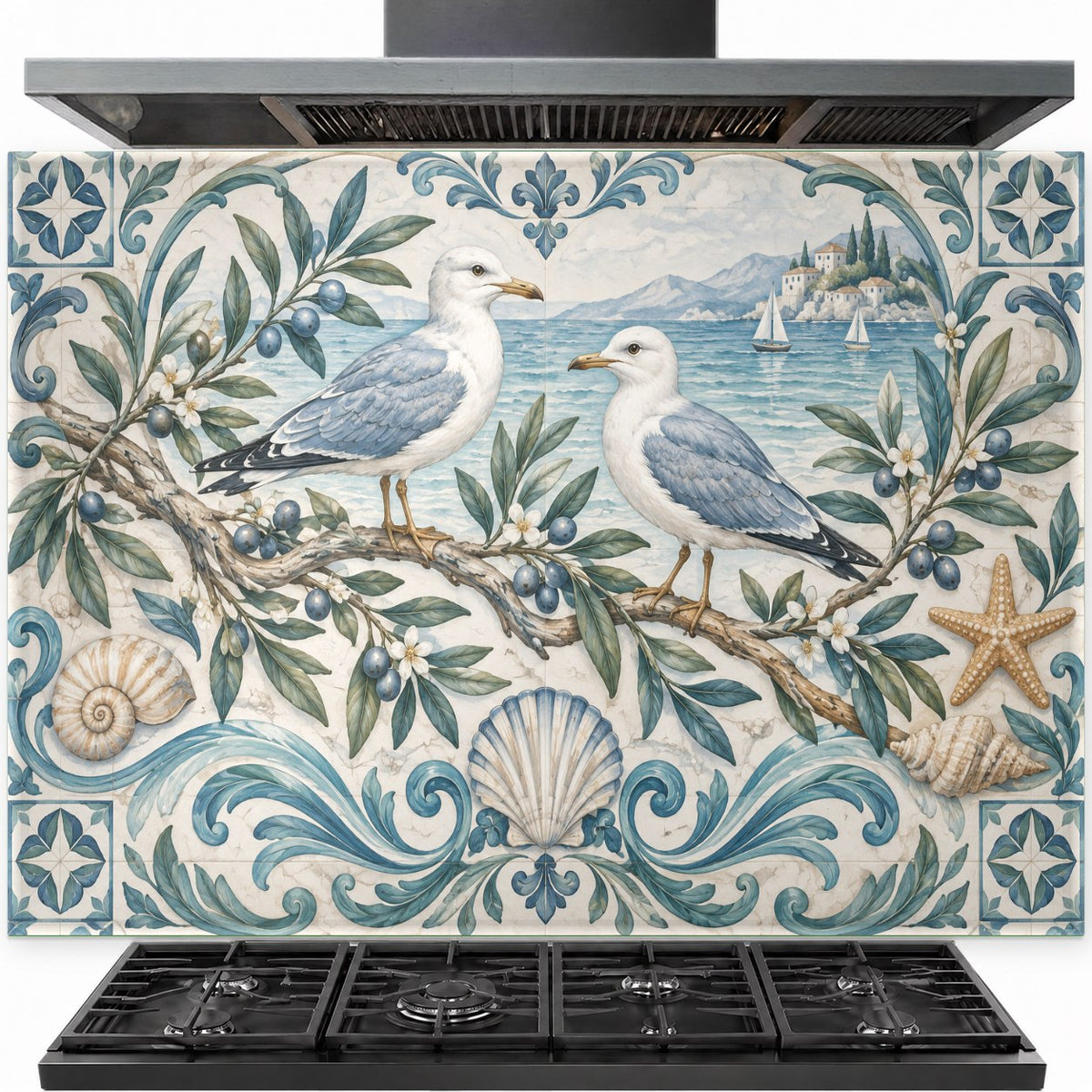 Seagull Olive tempered glass backsplash installed behind a modern kitchen stove