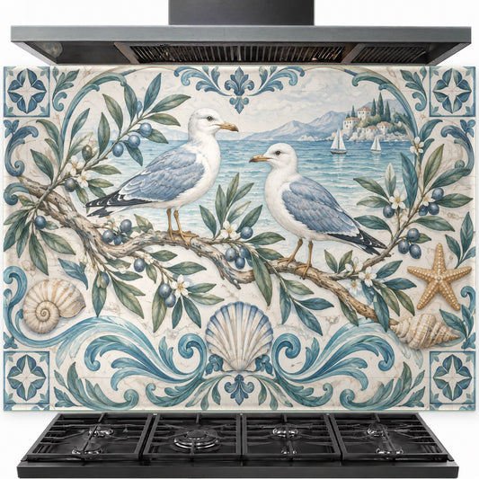 Seagull Olive tempered glass backsplash installed behind a modern kitchen stove