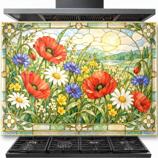 Poppy Meadow tempered glass backsplash installed behind a modern gas stove