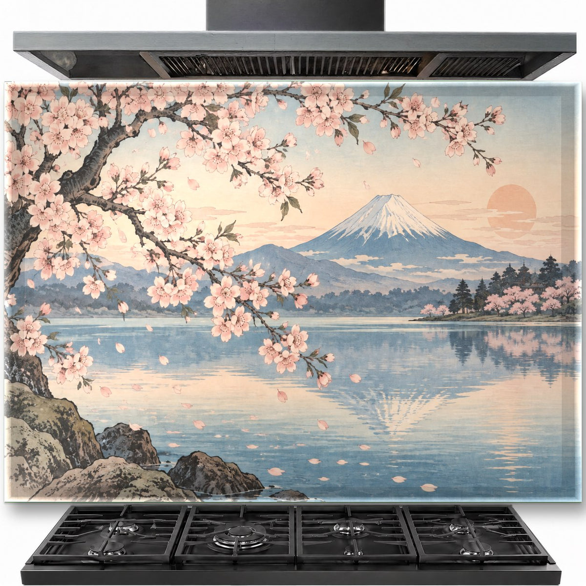 Fuji Blossom tempered glass backsplash installed behind a modern kitchen stove