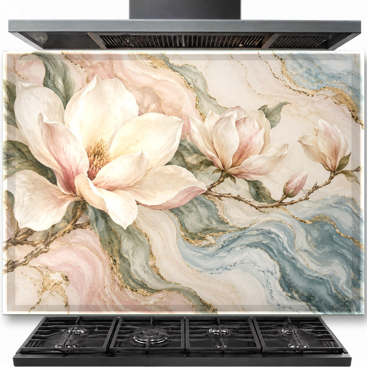 Marble Magnolia tempered glass backsplash installed behind a stainless steel gas stove