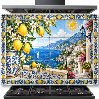 Amalfi Lemons tempered glass backsplash installed behind a modern stainless steel gas stove