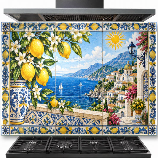 Amalfi Lemons tempered glass backsplash installed behind a modern stainless steel gas stove