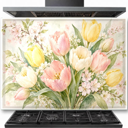 Watercolor Tulips tempered glass backsplash installed behind a stainless steel gas stove