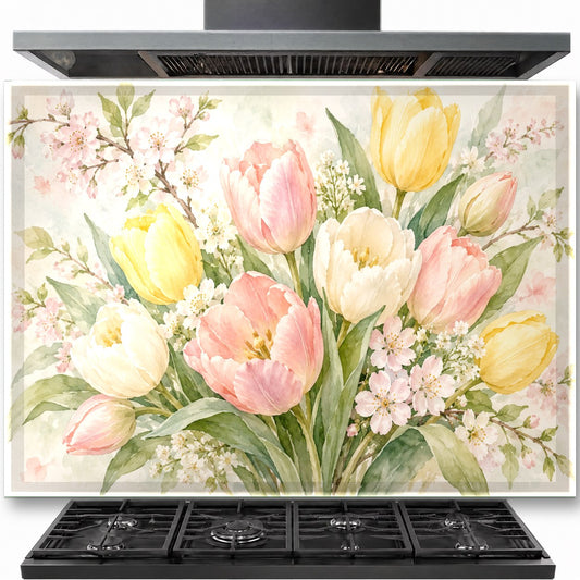 Watercolor Tulips tempered glass backsplash installed behind a stainless steel gas stove
