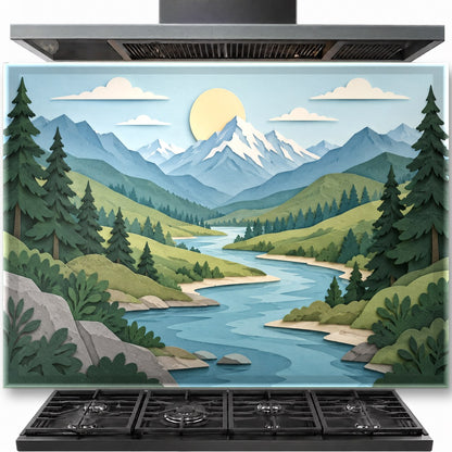 Alpine River tempered glass backsplash installed securely behind a stainless steel kitchen stove