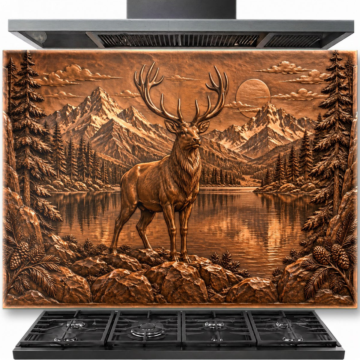 Copper Stag tempered glass backsplash installed behind a kitchen stove