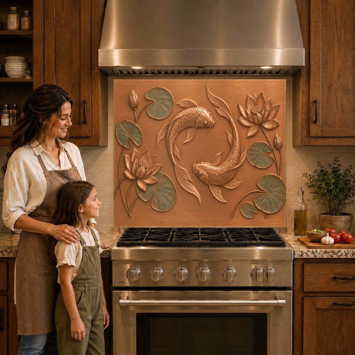 Asian zen lotus koi kitchen glass backsplash panel mounted over a kitchen cooktop