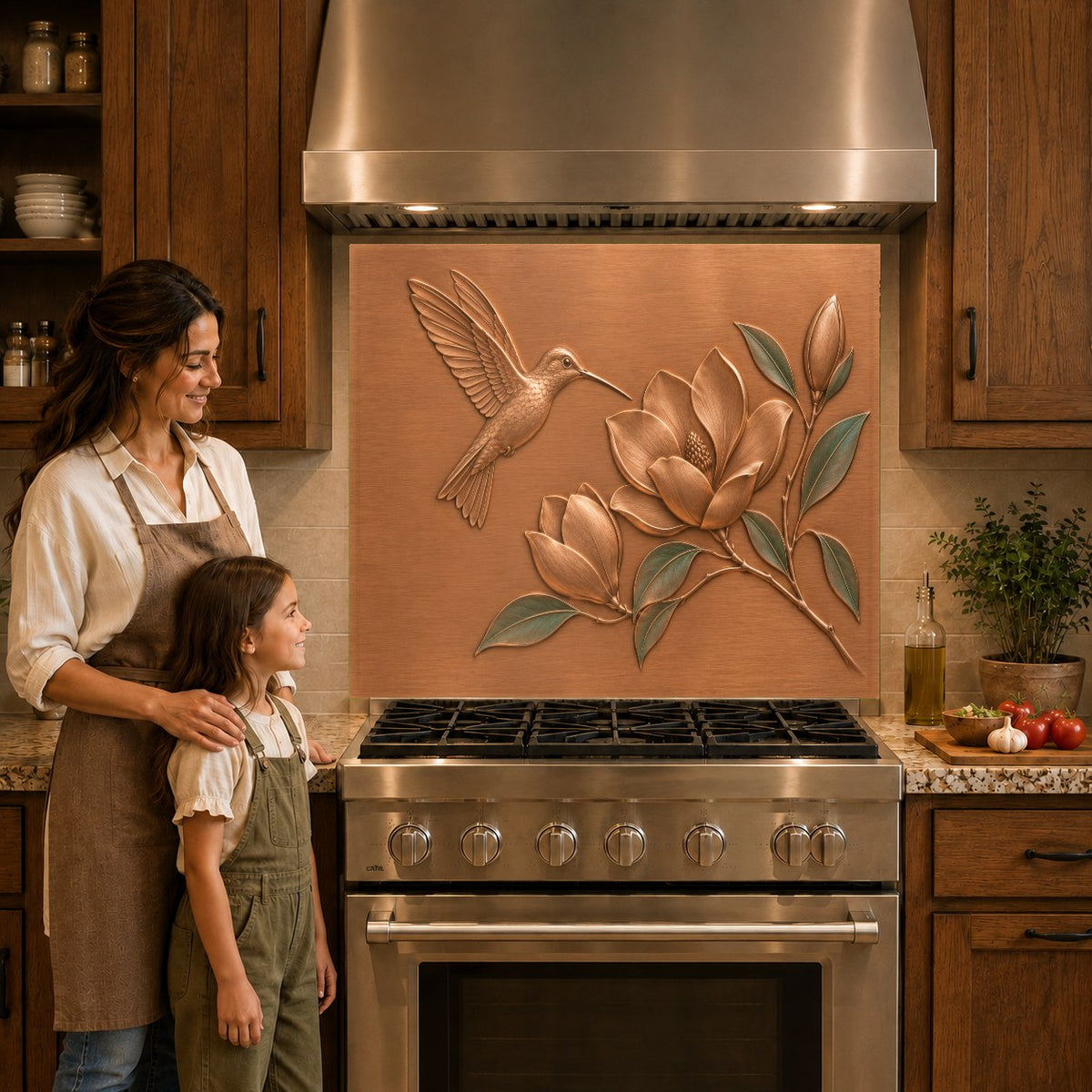 Vibrant hummingbird and magnolia flower glass kitchen panel behind a gas cooktop