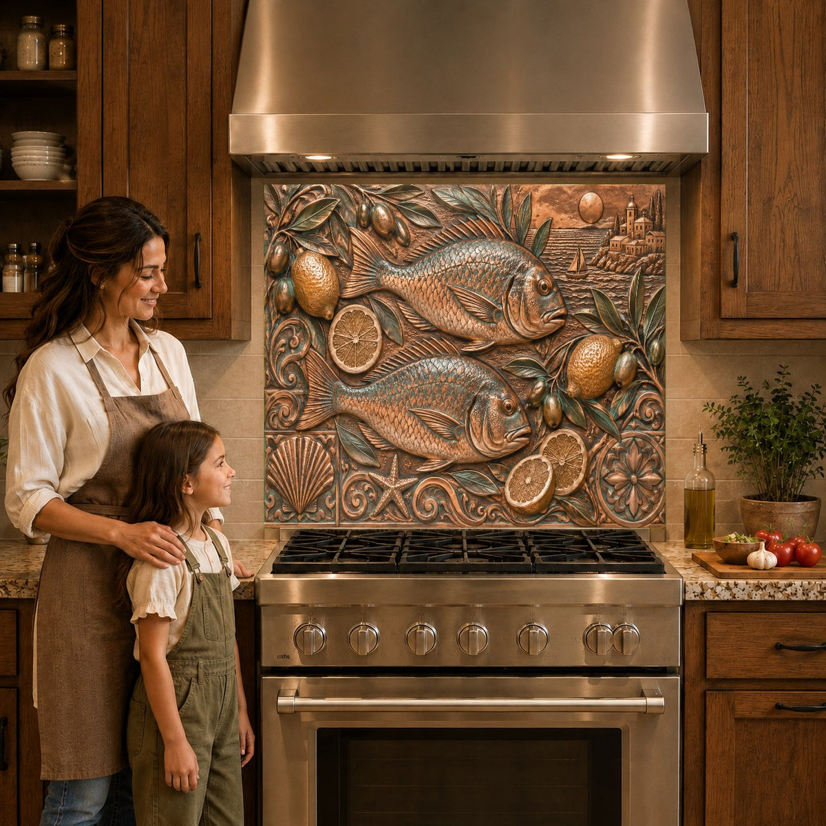 Tempered glass kitchen backsplash panel featuring coastal theme behind a cooktop