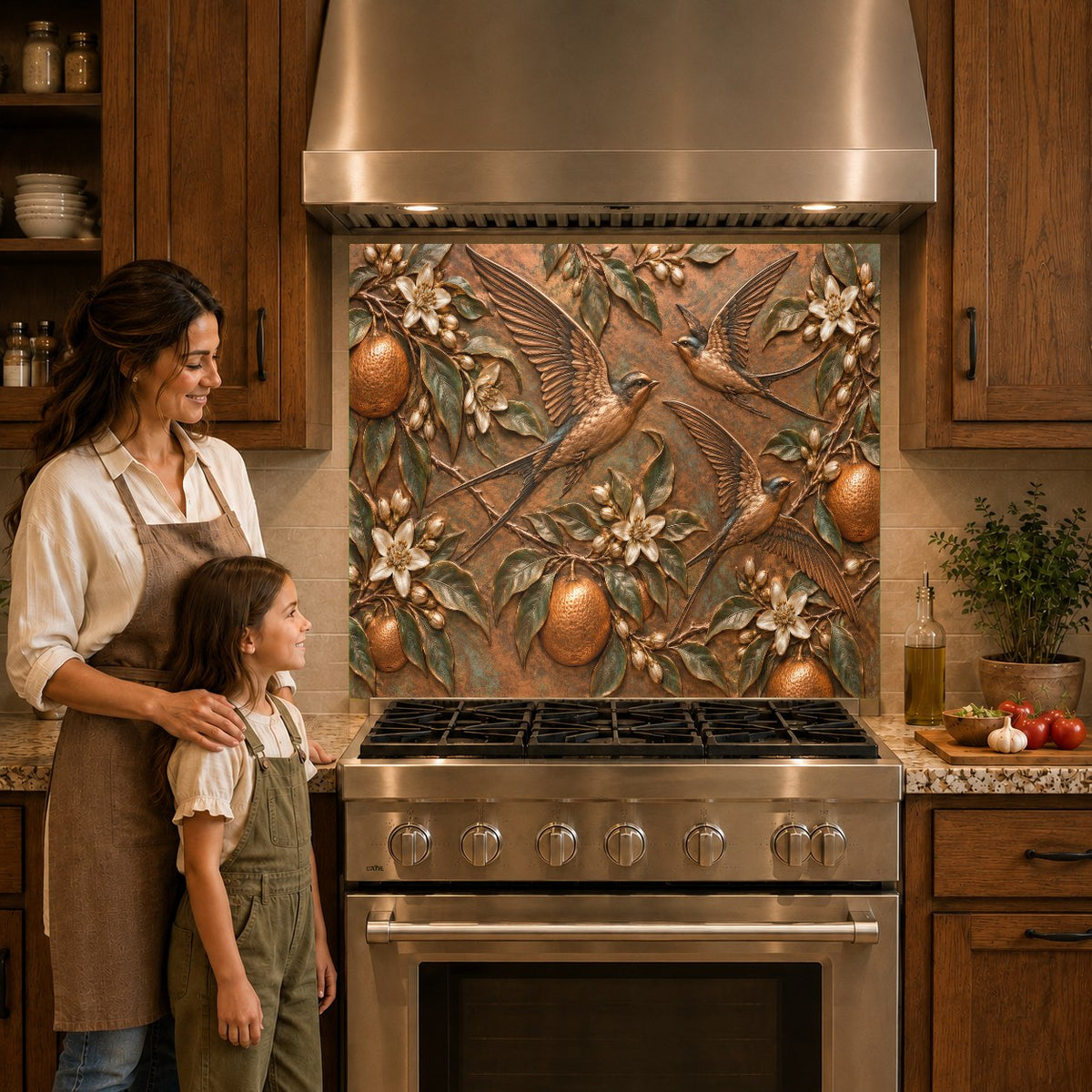 Vibrant orange bird glass kitchen panel mounted behind a stainless steel cooktop
