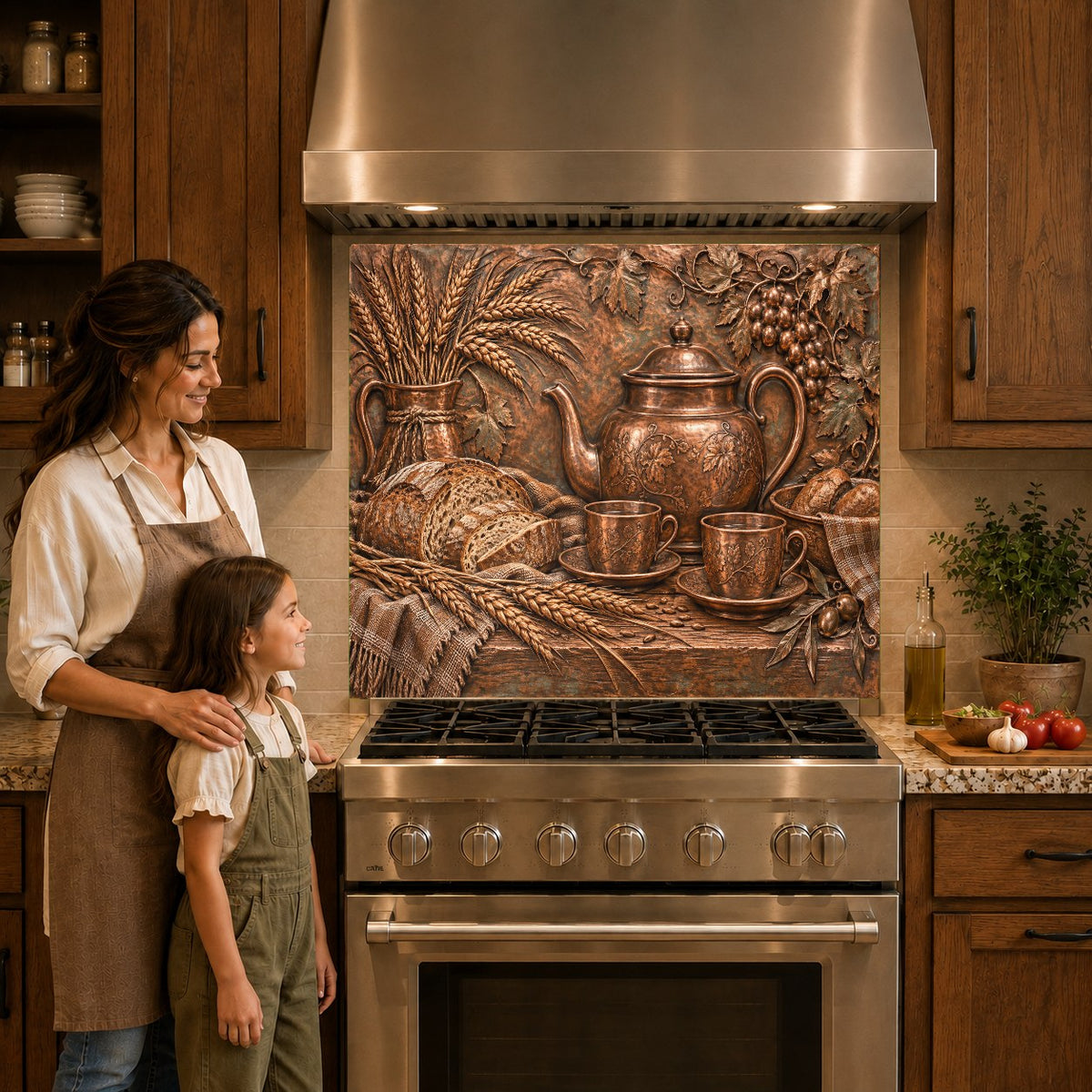 Close-up of Rustic Teatime glass kitchen panel showing heat-resistant surface behind a cooktop