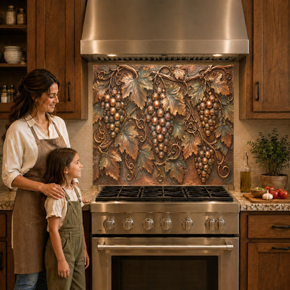 Close-up of a Vineyard Grapes kitchen glass backsplash showing vibrant purple fruit details
