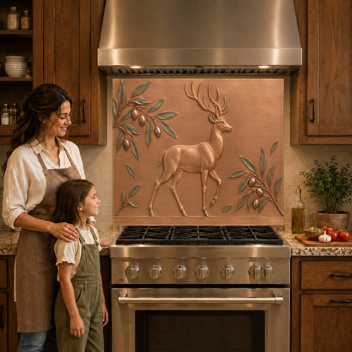 Rustic deer kitchen glass backsplash panel mounted over a kitchen cooktop
