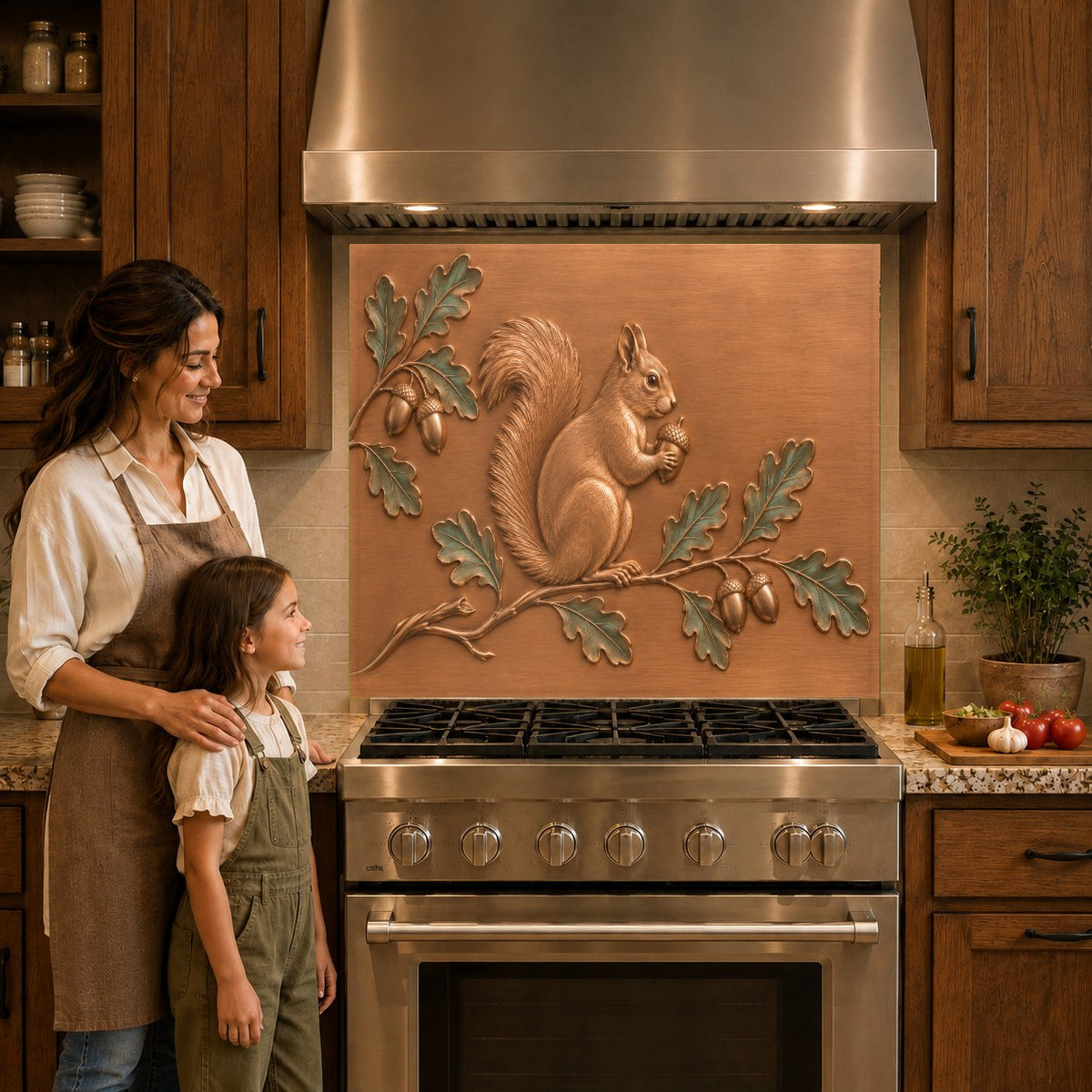 Vibrant autumn forest themed glass backsplash panel protecting the wall behind an induction cooktop.