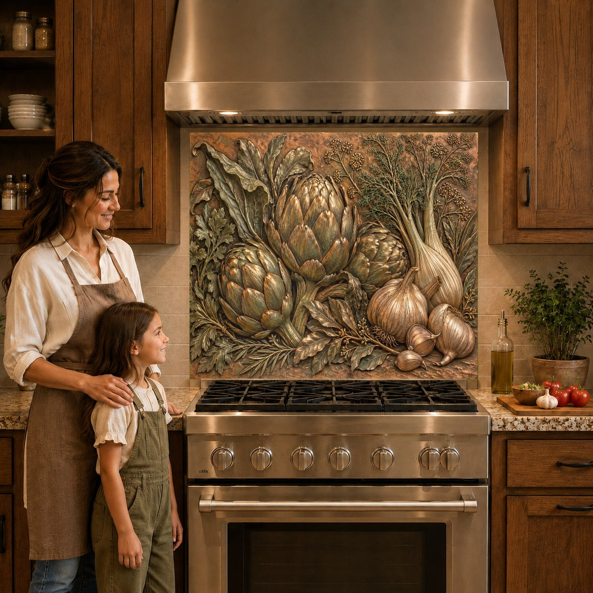 Botanical kitchen glass backsplash panel mounted over a kitchen cooktop