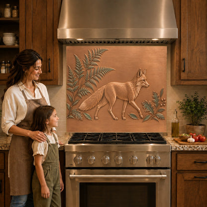Close-up of woodland fox and green fern glass kitchen backsplash guard behind an induction cooktop.