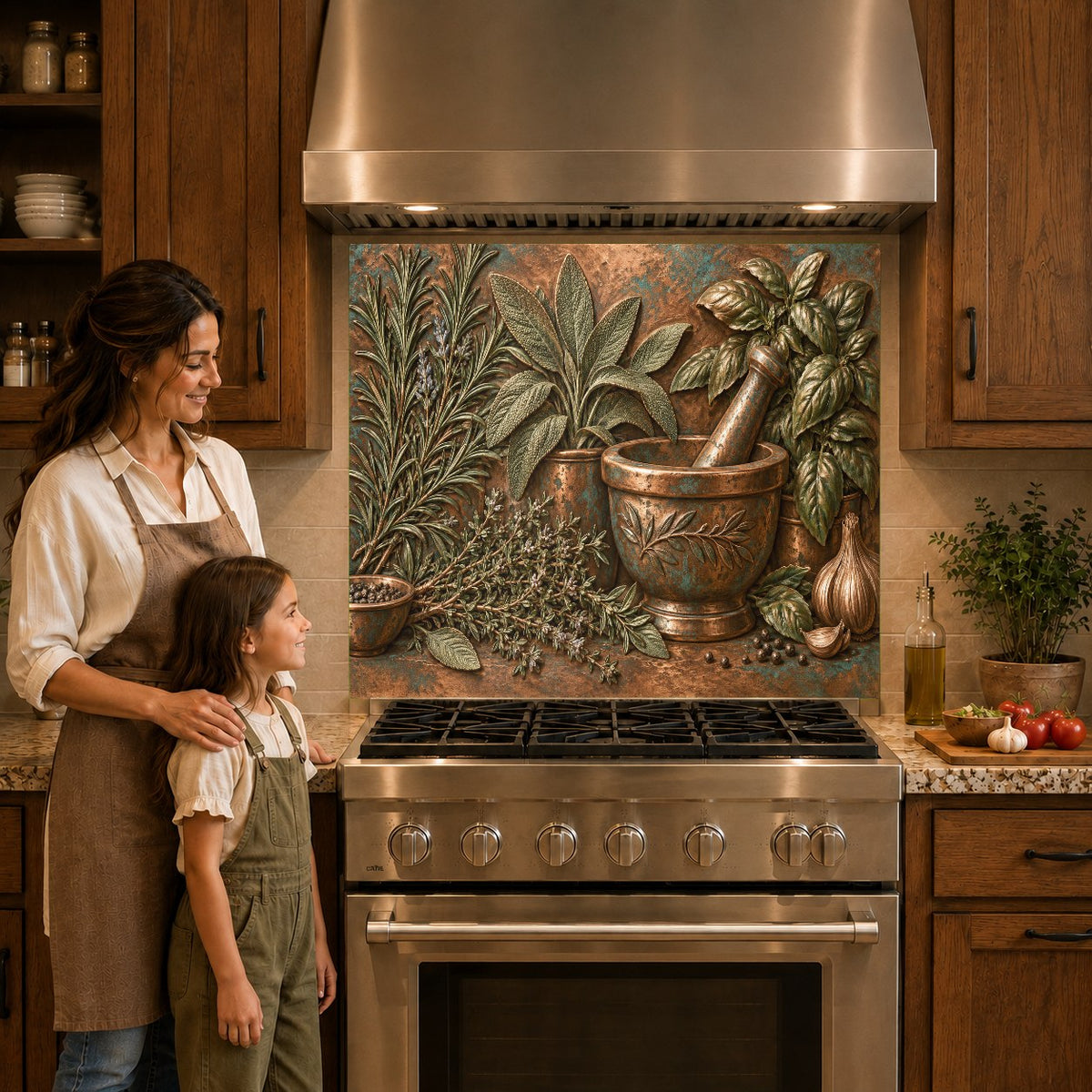 Culinary theme glass kitchen backsplash panel mounted over a gas cooktop