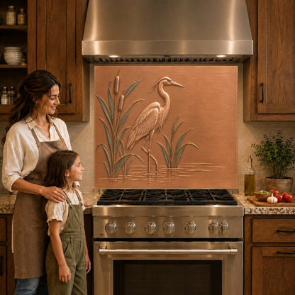 Close up of heron marsh glass backsplash panel behind a gas cooktop