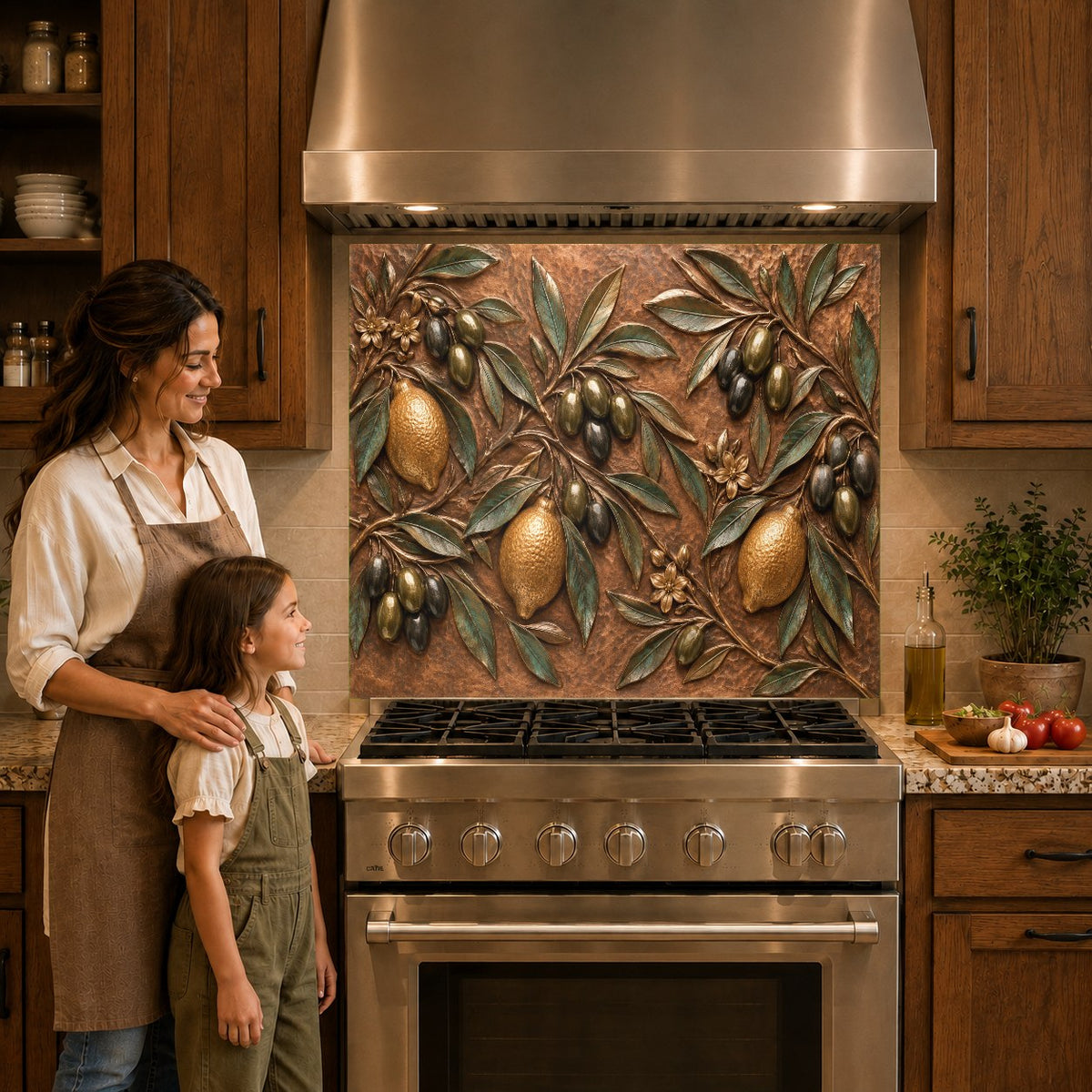 Vibrant lemon and olive branch glass kitchen backsplash behind a stainless steel cooktop