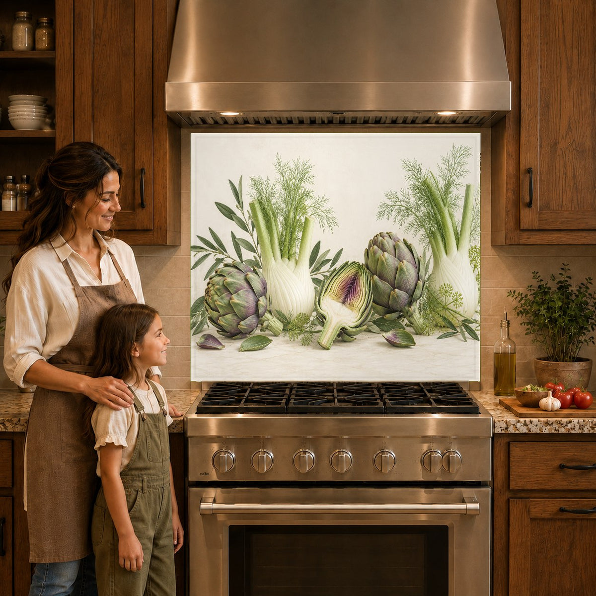 Close-up of botanical artichoke glass kitchen backsplash panel near the cooktop