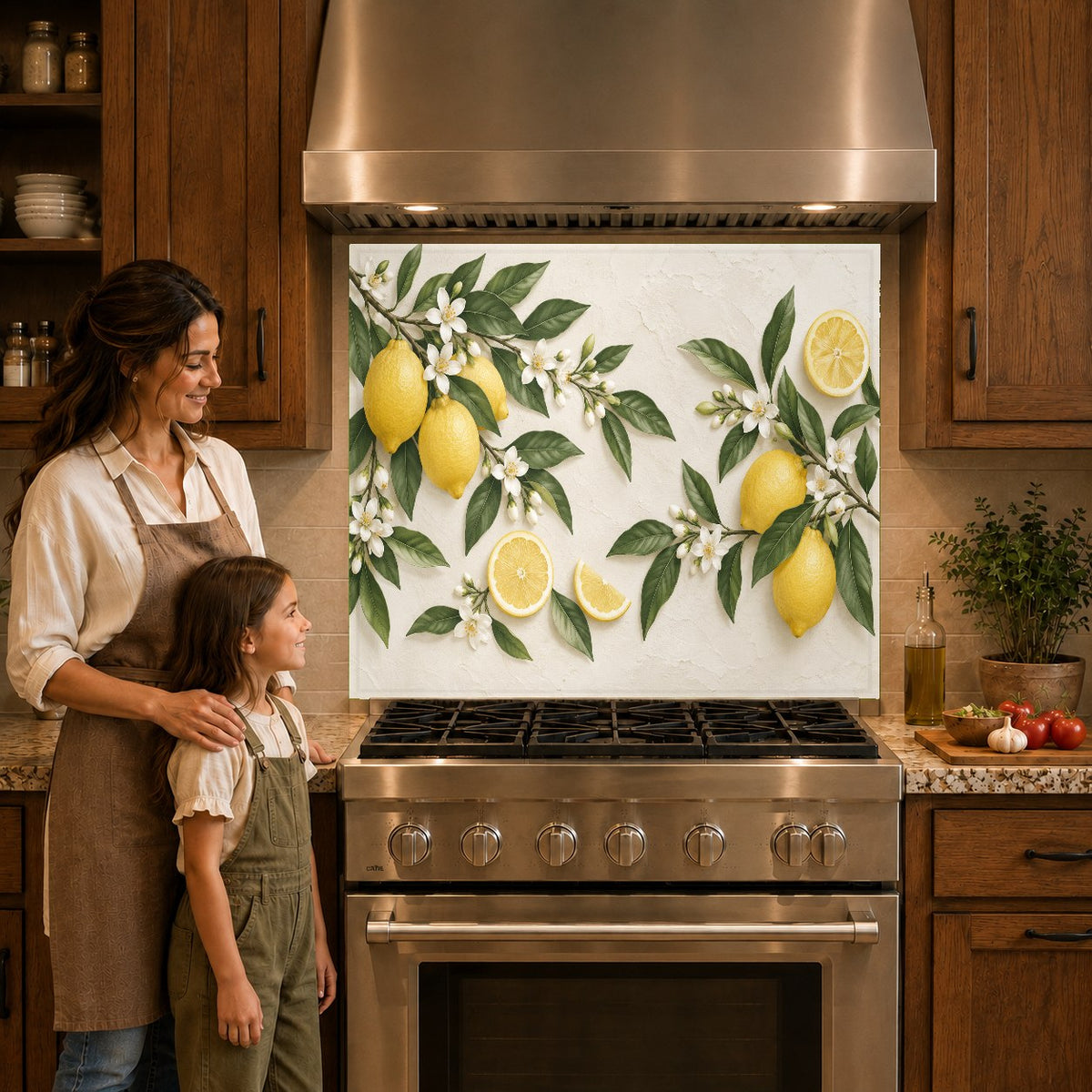 Fresh lemon glass backsplash panel protecting a kitchen cooktop wall