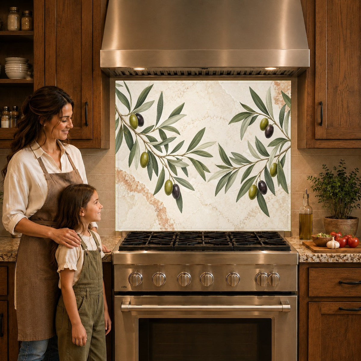 Botanical green olive branch glass kitchen backsplash panel behind an electric cooktop