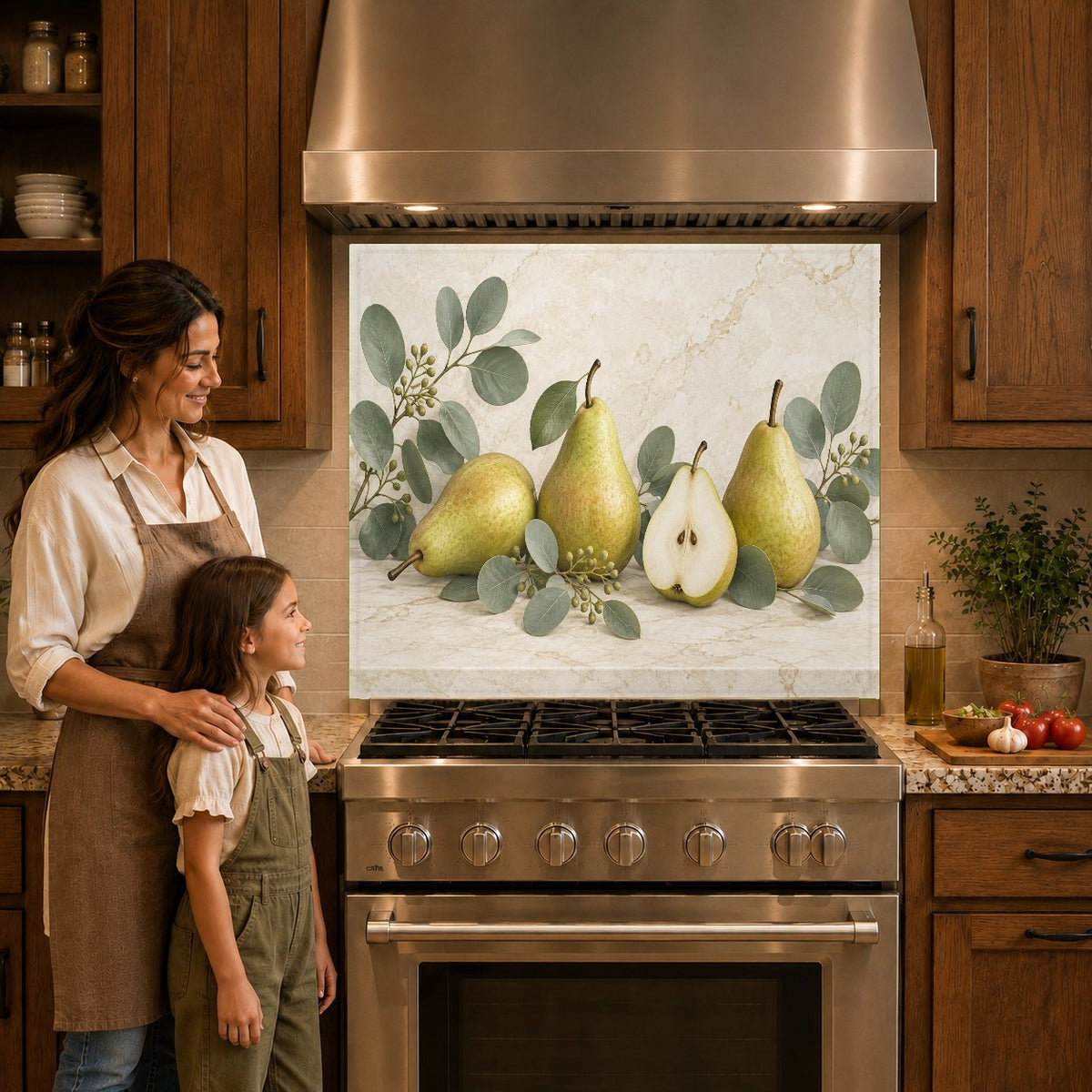 Botanical glass backsplash panel mounted over a modern gas cooktop in a bright kitchen