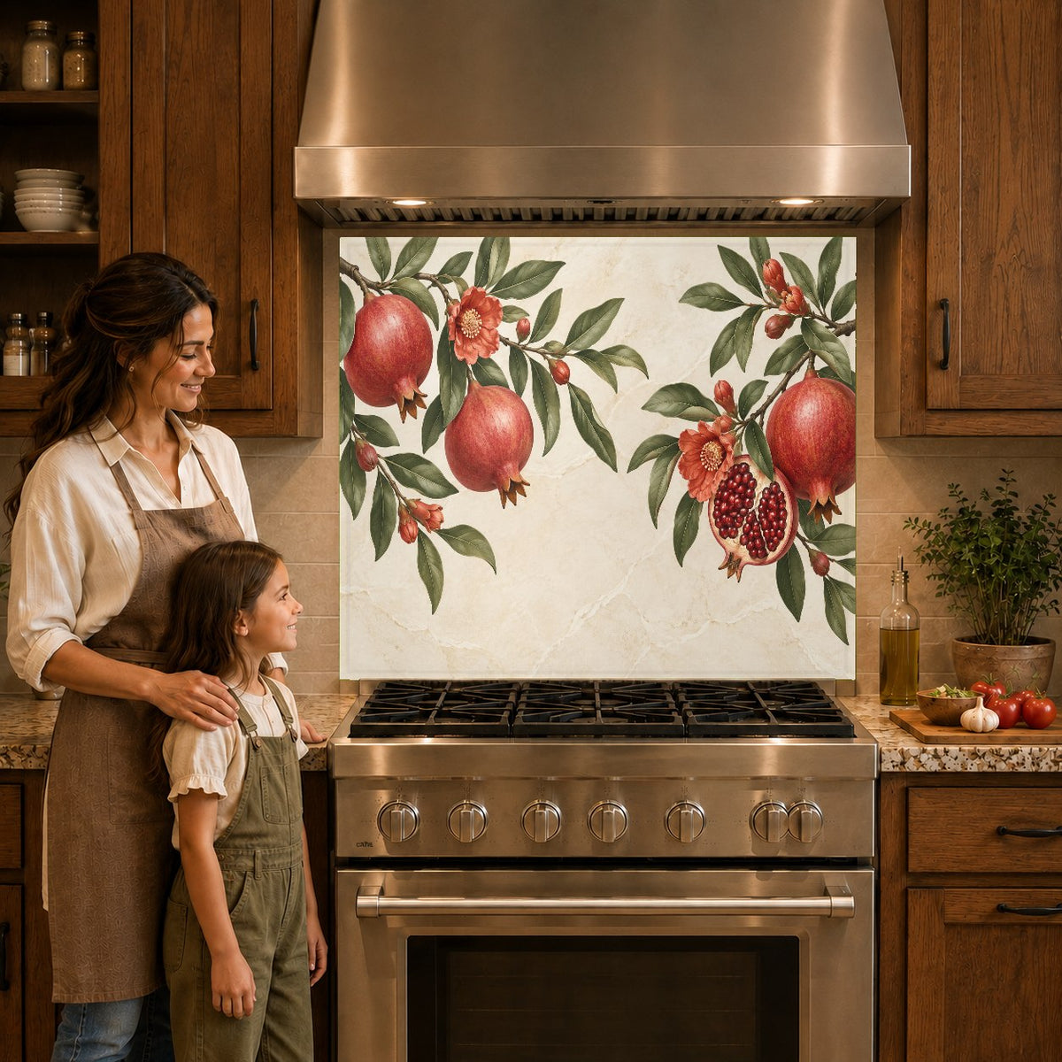 Botanical glass backsplash panel mounted over a gas cooktop