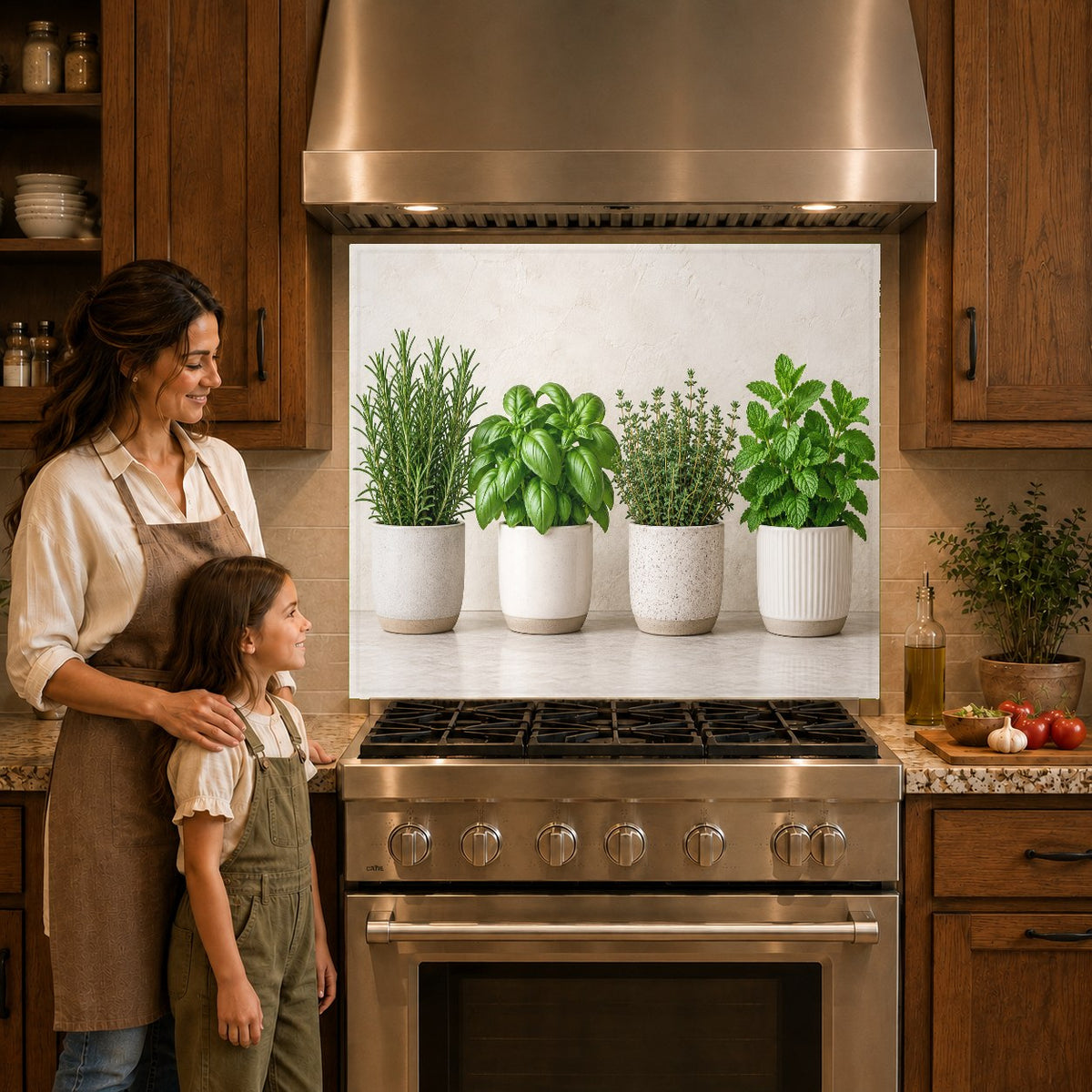 Botanical kitchen glass backsplash panel mounted over a kitchen cooktop