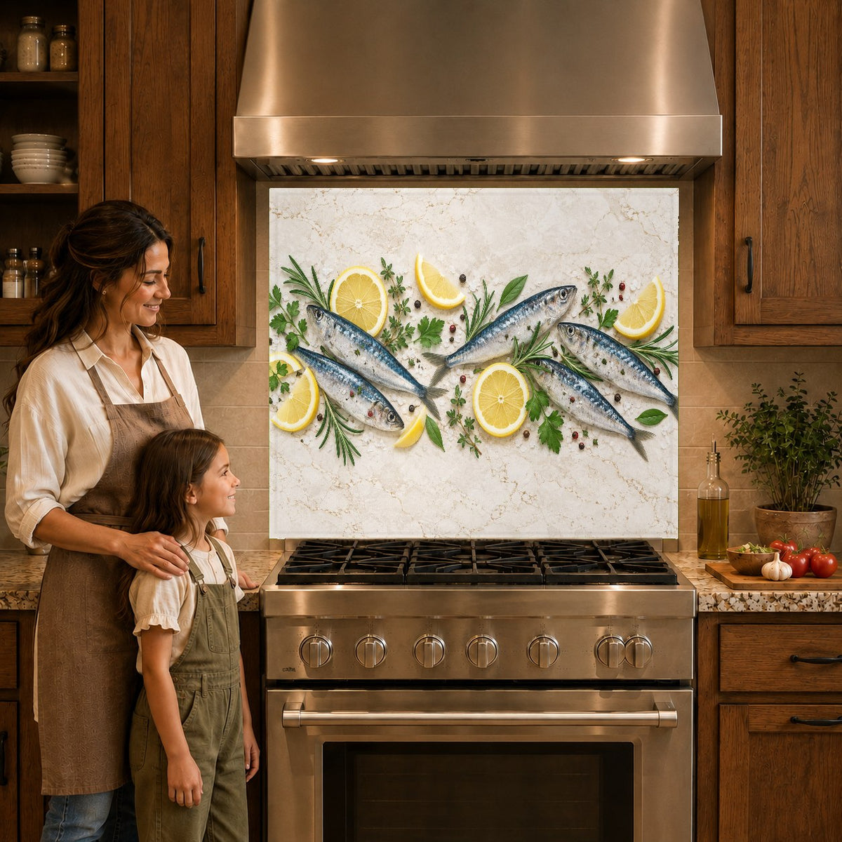 Vibrant sardine and lemon design glass kitchen panel mounted behind a gas cooktop