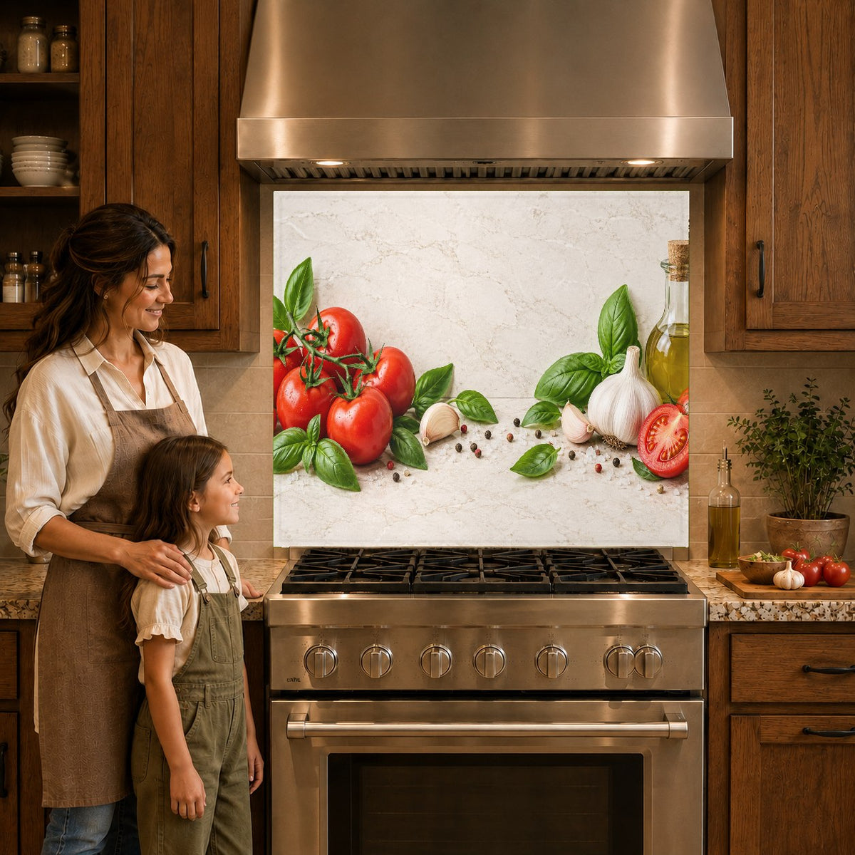 Fresh tomato and basil kitchen glass panel mounted on a white tile wall