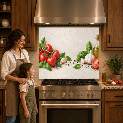 Fresh tomato and basil kitchen glass panel mounted on a white tile wall
