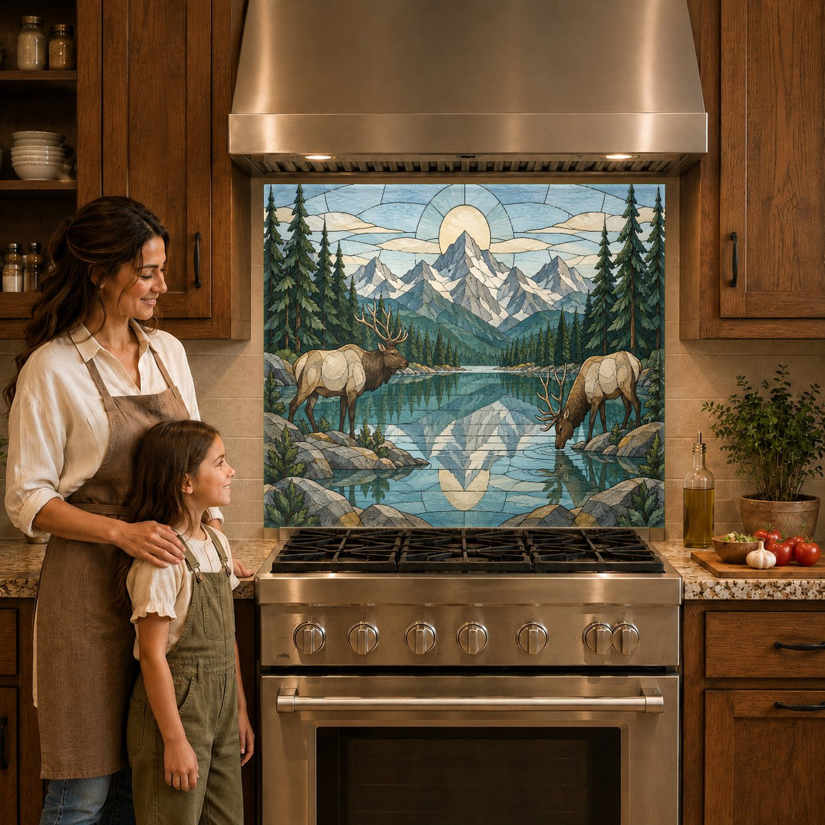 Rustic cabin kitchen featuring a deer and mountain river glass backsplash panel behind a modern induction stove.