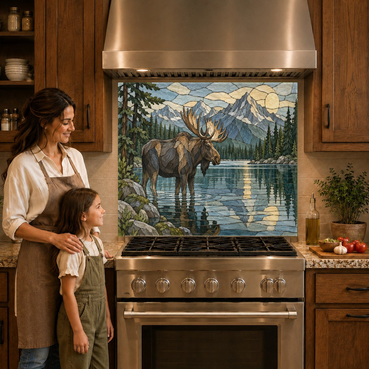 Scenic river and elk tempered glass backsplash protecting a modern cooktop wall