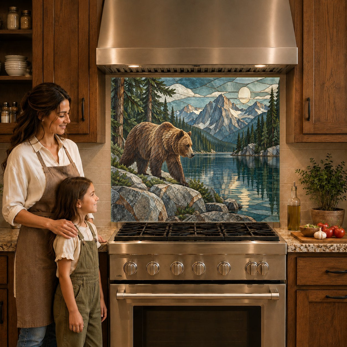 Close-up of a grizzly bear glass backsplash panel behind an induction cooktop, featuring trees and misty mountains.