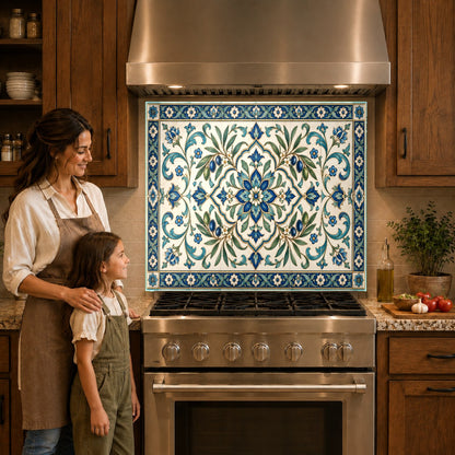 Tempered glass kitchen backsplash panel featuring rustic tile pattern behind a gas cooktop