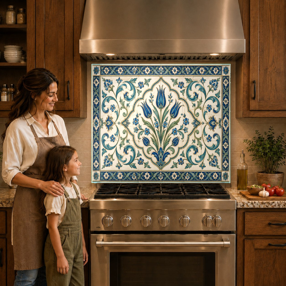 Close-up of Mediterranean tile kitchen glass backsplash panel behind gas cooktop