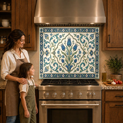 Close-up of Mediterranean tile kitchen glass backsplash panel behind gas cooktop