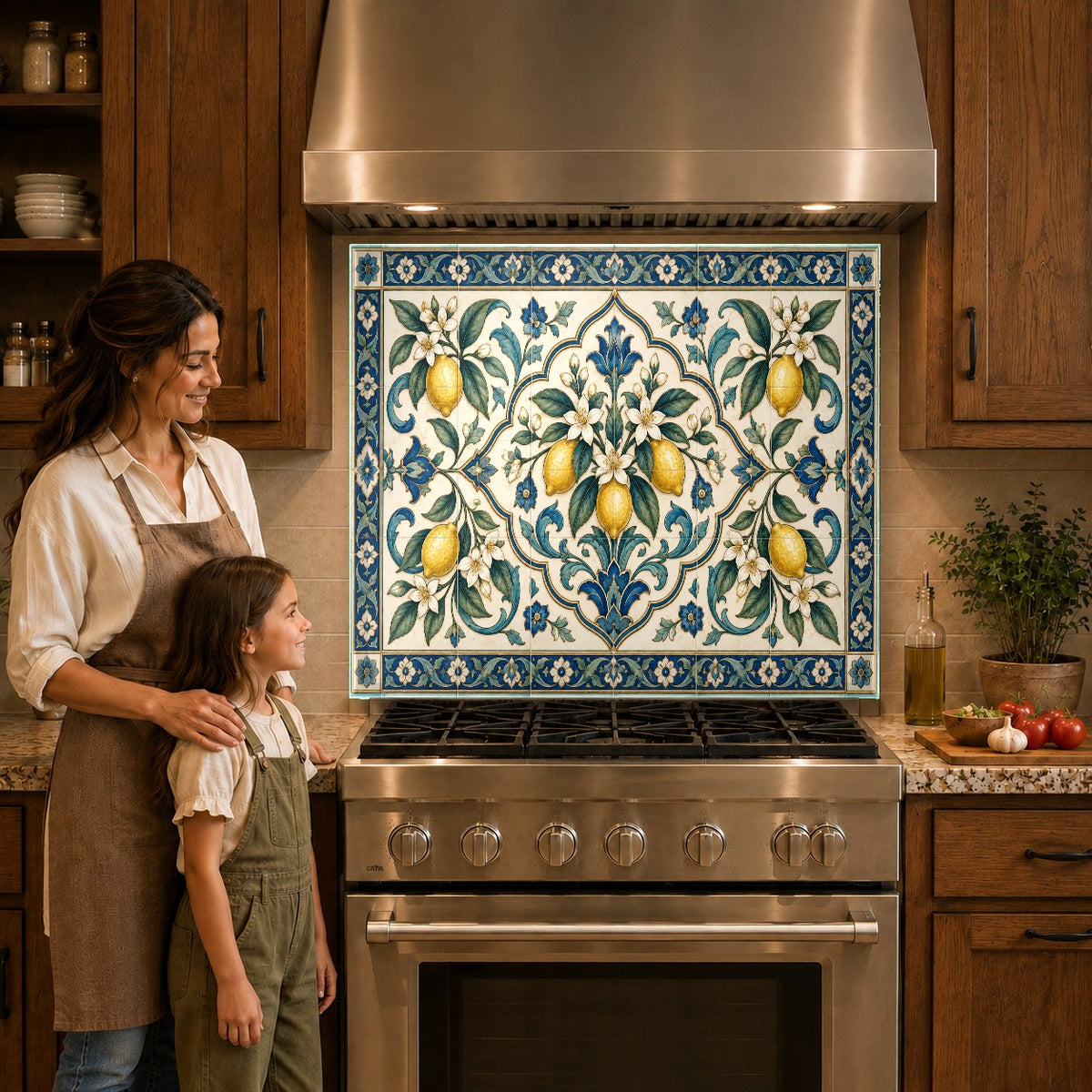Mediterranean lemon pattern glass kitchen backsplash behind a cooktop