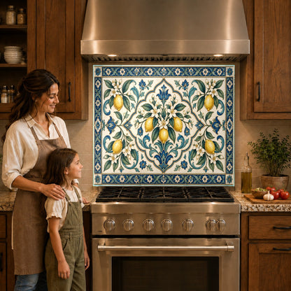 Mediterranean lemon pattern glass kitchen backsplash behind a cooktop