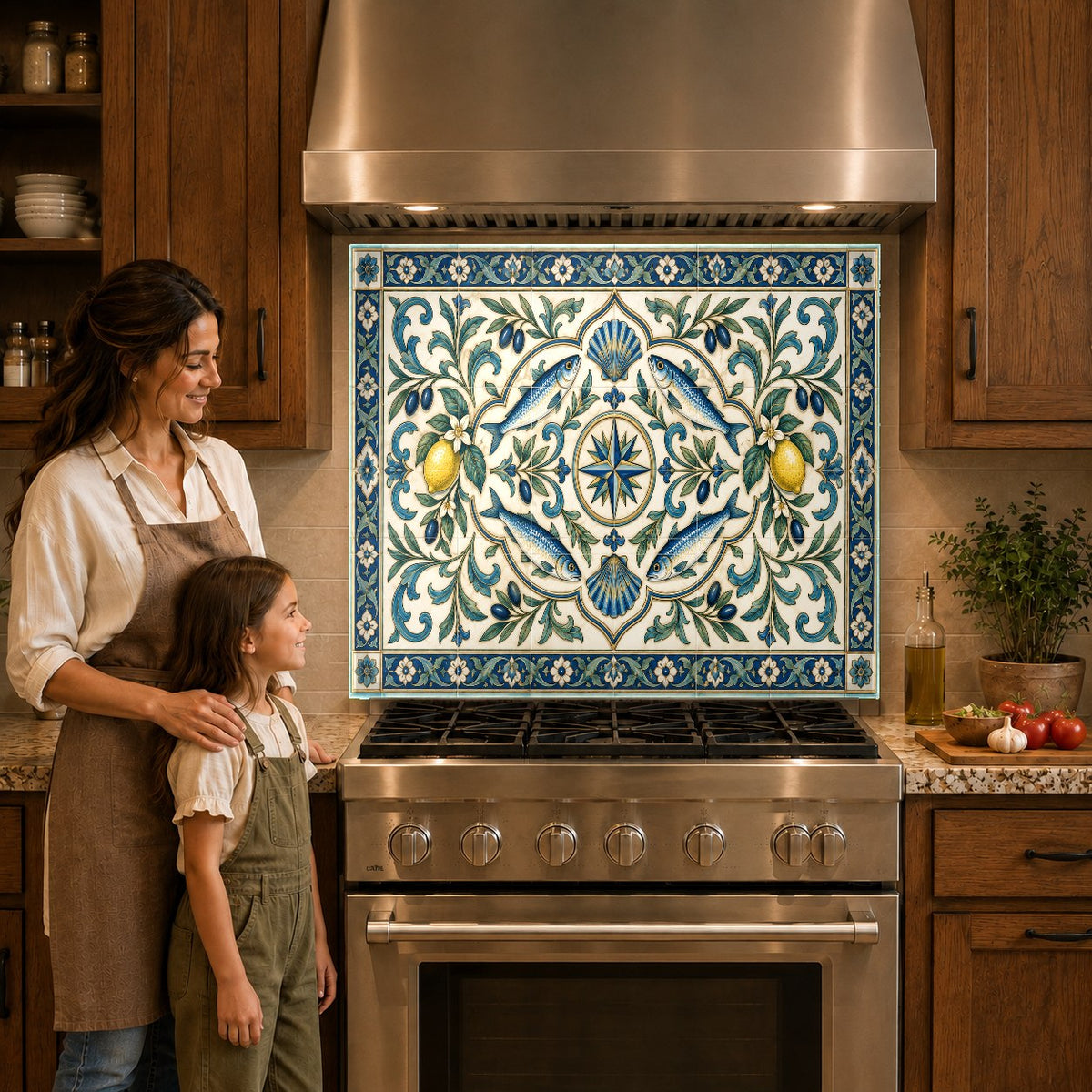 Close-up of Wbs (371) glass kitchen backsplash panel showing vibrant UV print details