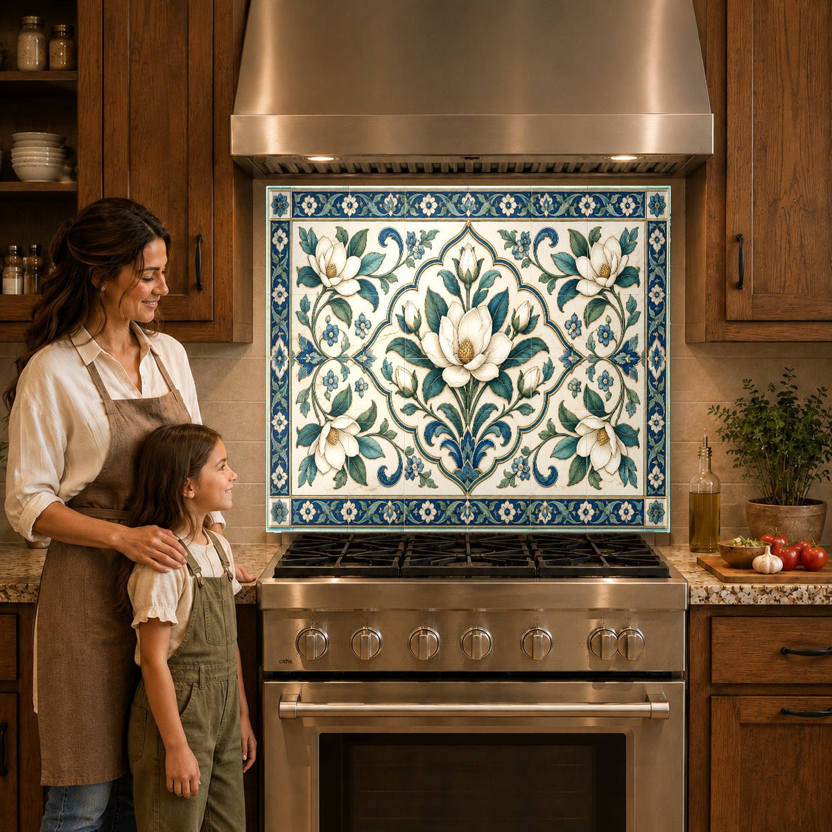 Close-up of Mediterranean Grace glass kitchen backsplash panel near cooktop