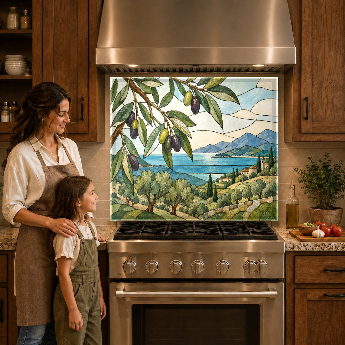 Botanical glass kitchen panel protecting the wall behind a gas cooktop