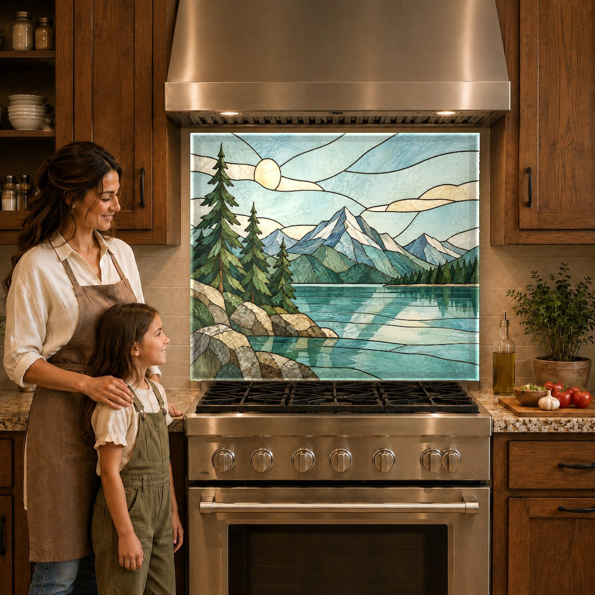 Vibrant stained glass lake scene backsplash panel behind a kitchen stove