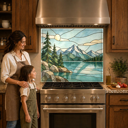 Vibrant stained glass lake scene backsplash panel behind a kitchen stove