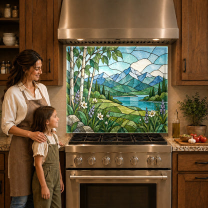 Botanical design kitchen glass backsplash panel mounted over a kitchen cooktop