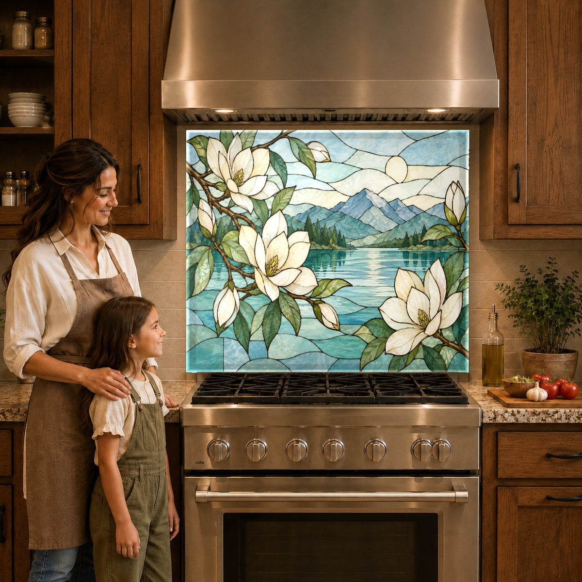 Close up of Magnolia Stained kitchen glass backsplash panel behind gas cooktop