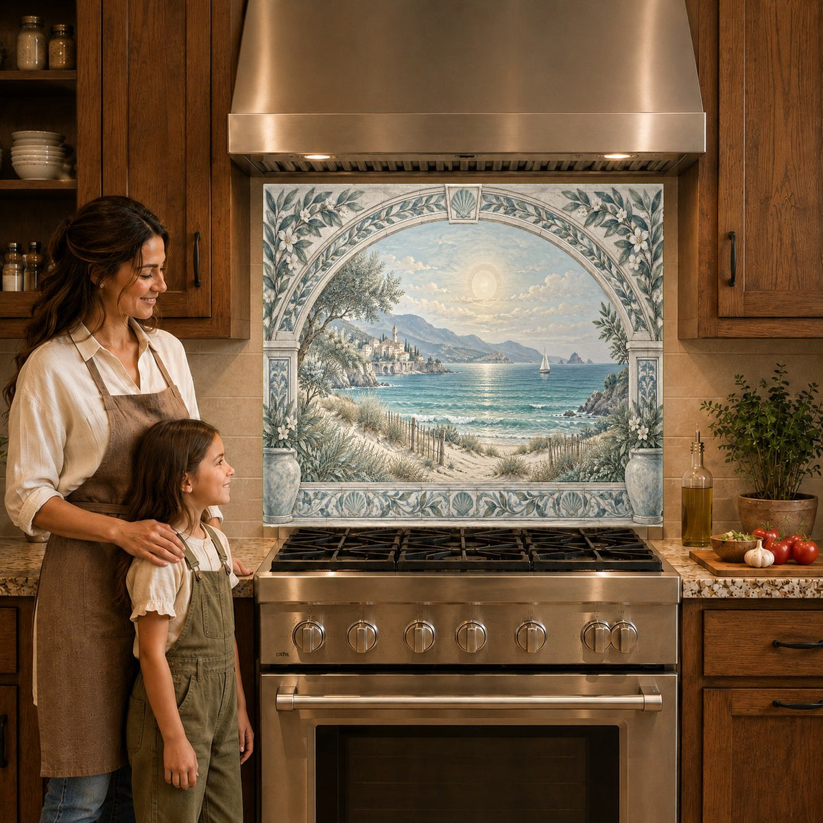 Close-up of the ocean view design on a heat-resistant glass backsplash behind a high-end induction cooktop.